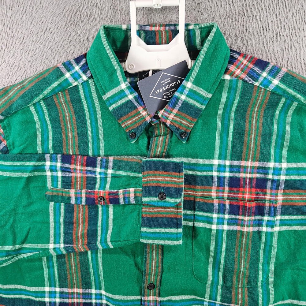 St Johns Bay Mens 2XL Flannel Shirt Lux Green Plaid Classic‎ Fit Cotton NWT NEW